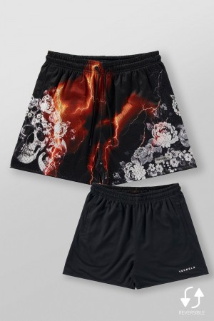 Young LA 1111 - Skulls & Roses Reversible Shorts Black | Australia PWUJY-4901