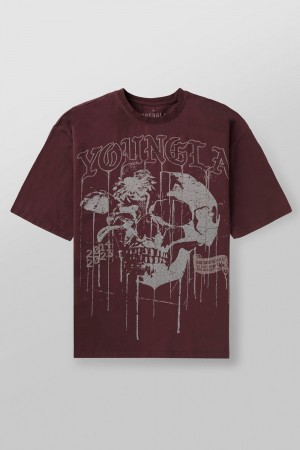 Young LA 4116 - Floral Skull Tees Burgundy | Australia ACNUD-6347