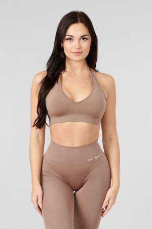 Young LA W328 - Core Seamless Halter Sports Bra Khaki | Australia KFYAT-4580