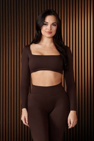 Young LA W336 - Curve Long Sleeve Sports Bra Dark Brown | Australia KTJIM-0814