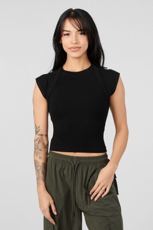 Young LA W414 Luxe Ribbed Tee Black | Australia EHLID-3296