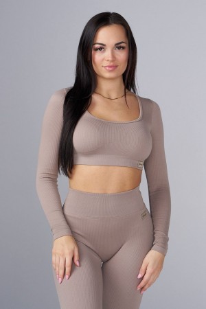 Young LA W449 Ribbed Seamless Longsleeve Crop Khaki | Australia MTEWX-2804