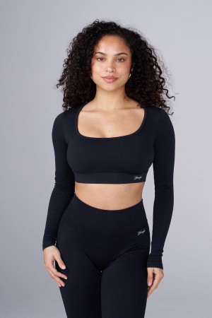 Young LA W449 Ribbed Seamless Longsleeve Crop Black | Australia KTBZA-8120