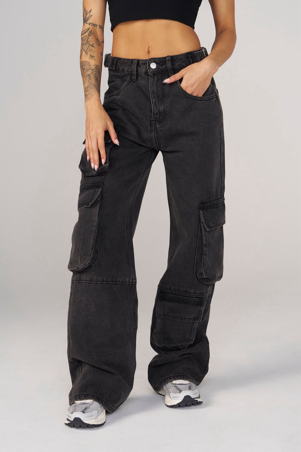 Young LA W242 Straight Leg Cargo Jeans Black | Australia PYMWR-7430