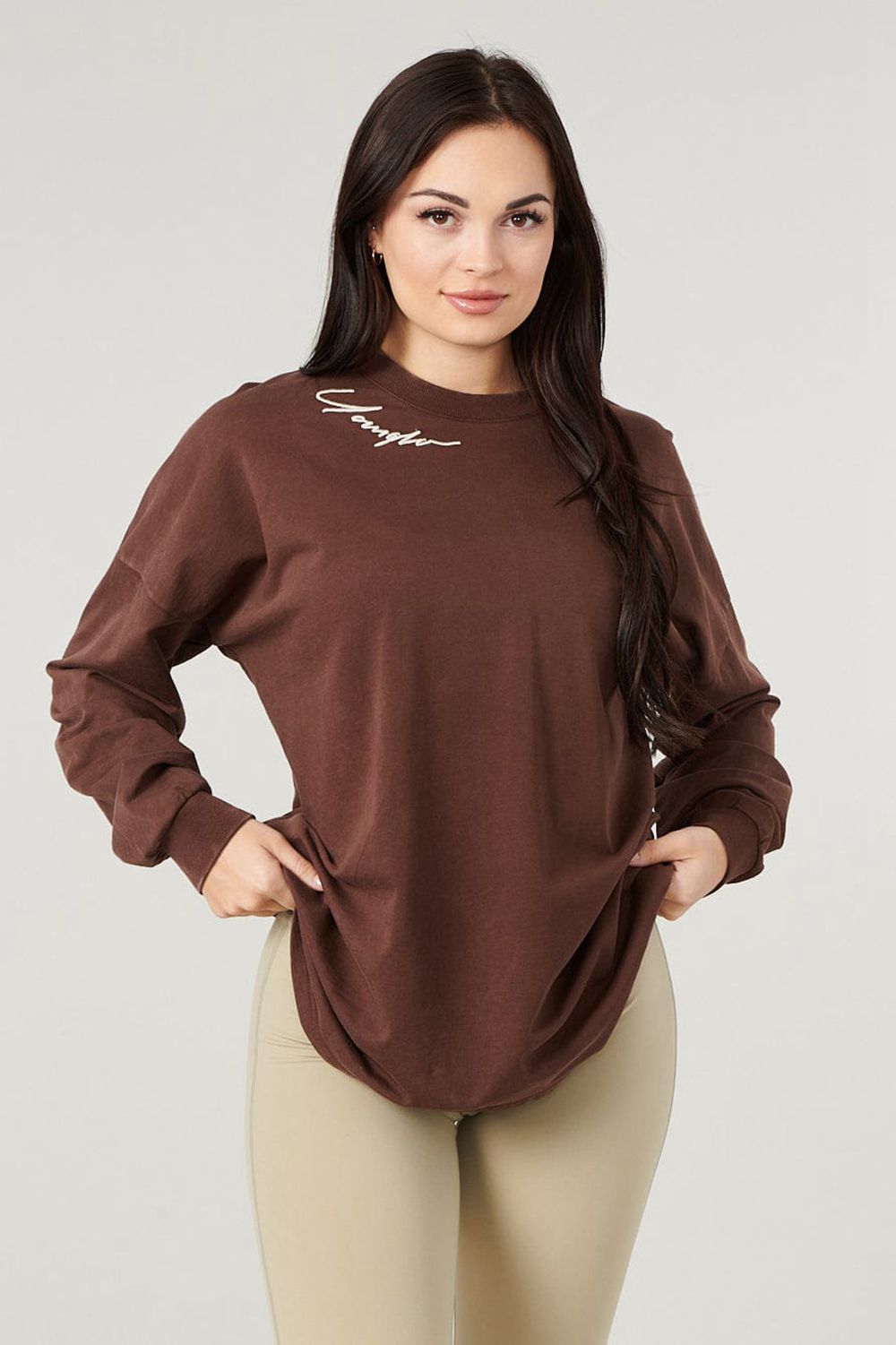 Young LA W432 - Emblem Long Sleeve Tee Dark Brown | Australia VXHRQ-0648